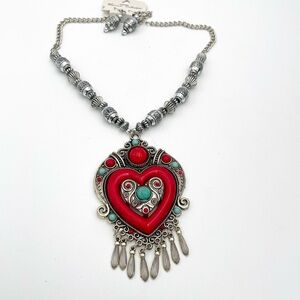 Hannah Collection Turquoise Blue Red Silver Tone Necklace & Earring Set NWT